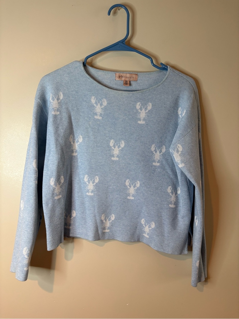 Philosophy Light Blue Lobster Print Cropped Crew Neck Sweater EUC